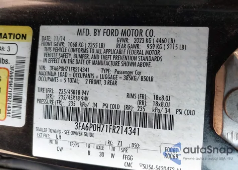 2015 Ford Fusion Se из США, поврежденный, VIN 3FA6P0H71FR214341